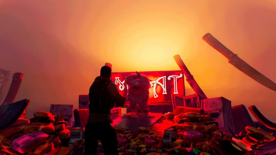 The meat vendor's neon-lit stall